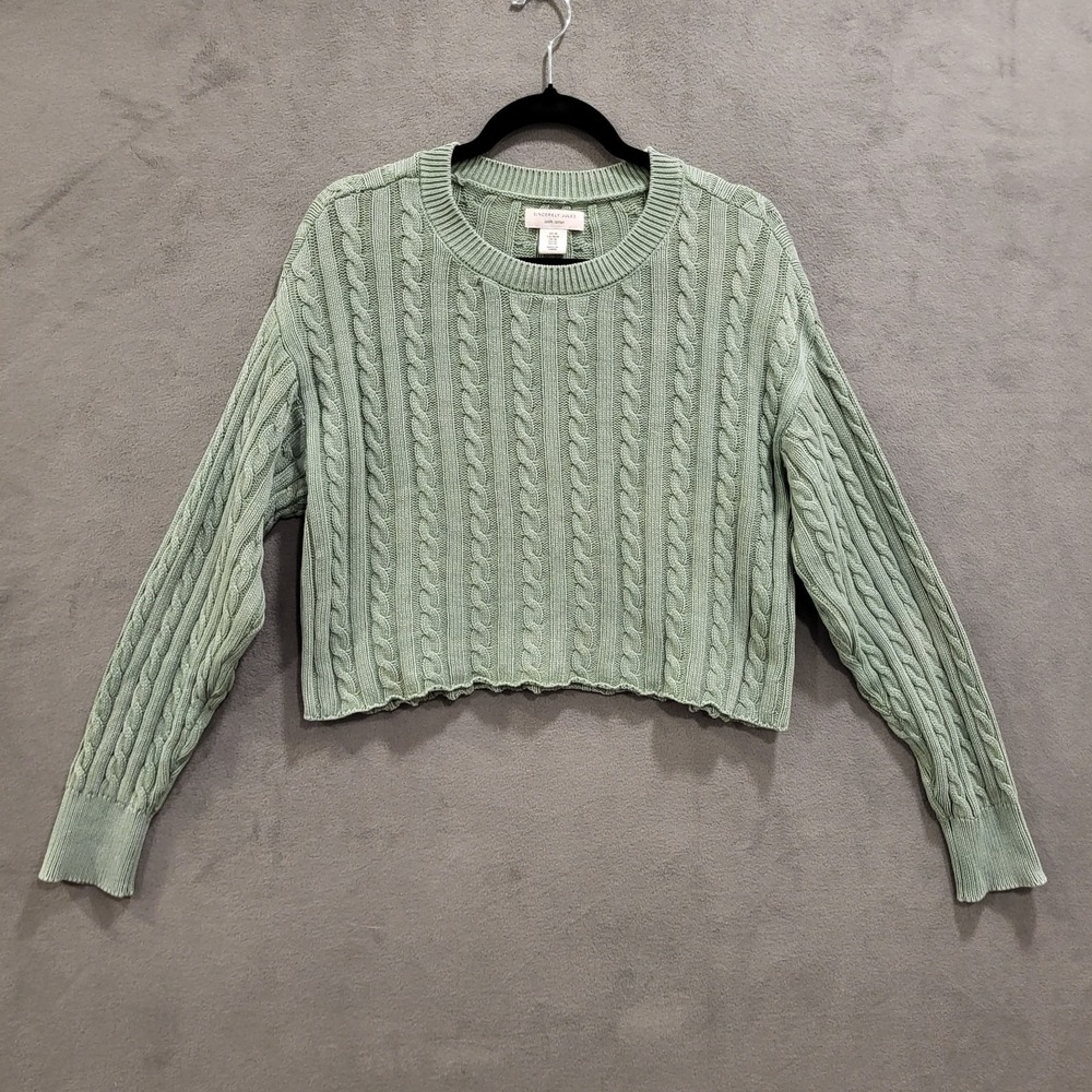 Sincerely Jules Sweater Women Medium Sage Green Cable Knit Cropped Preppy Boho